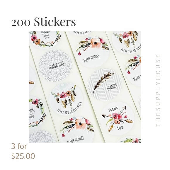 200 Thank You Stickers. Watercolor Floral Feather Boho Shipping Product Stickers - Picture 6 of 9